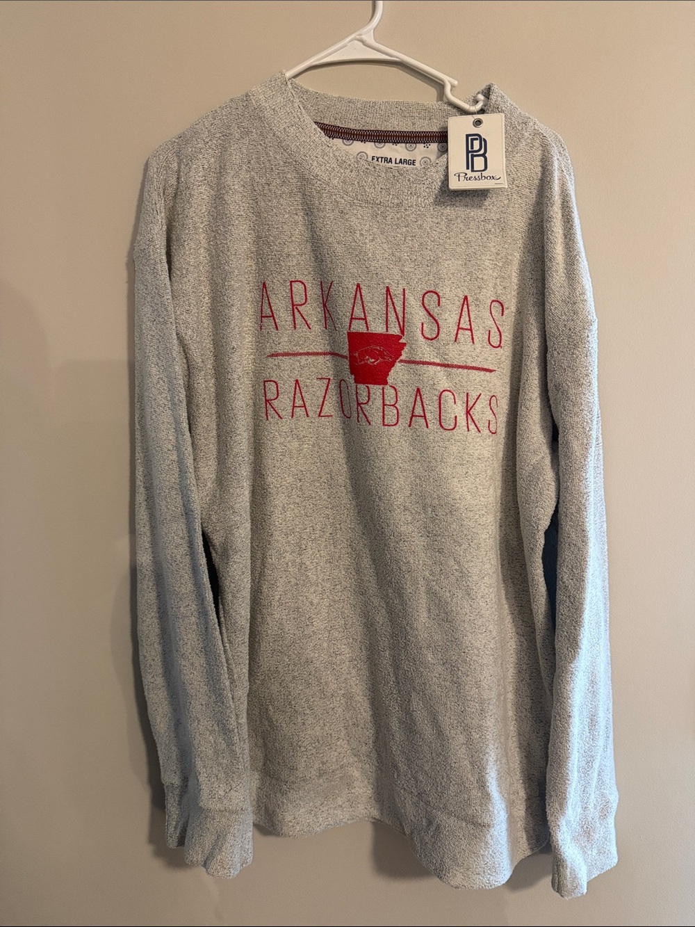Pressbox Gray Crewneck Sweater with Red Arkansas Razorbacks Logo